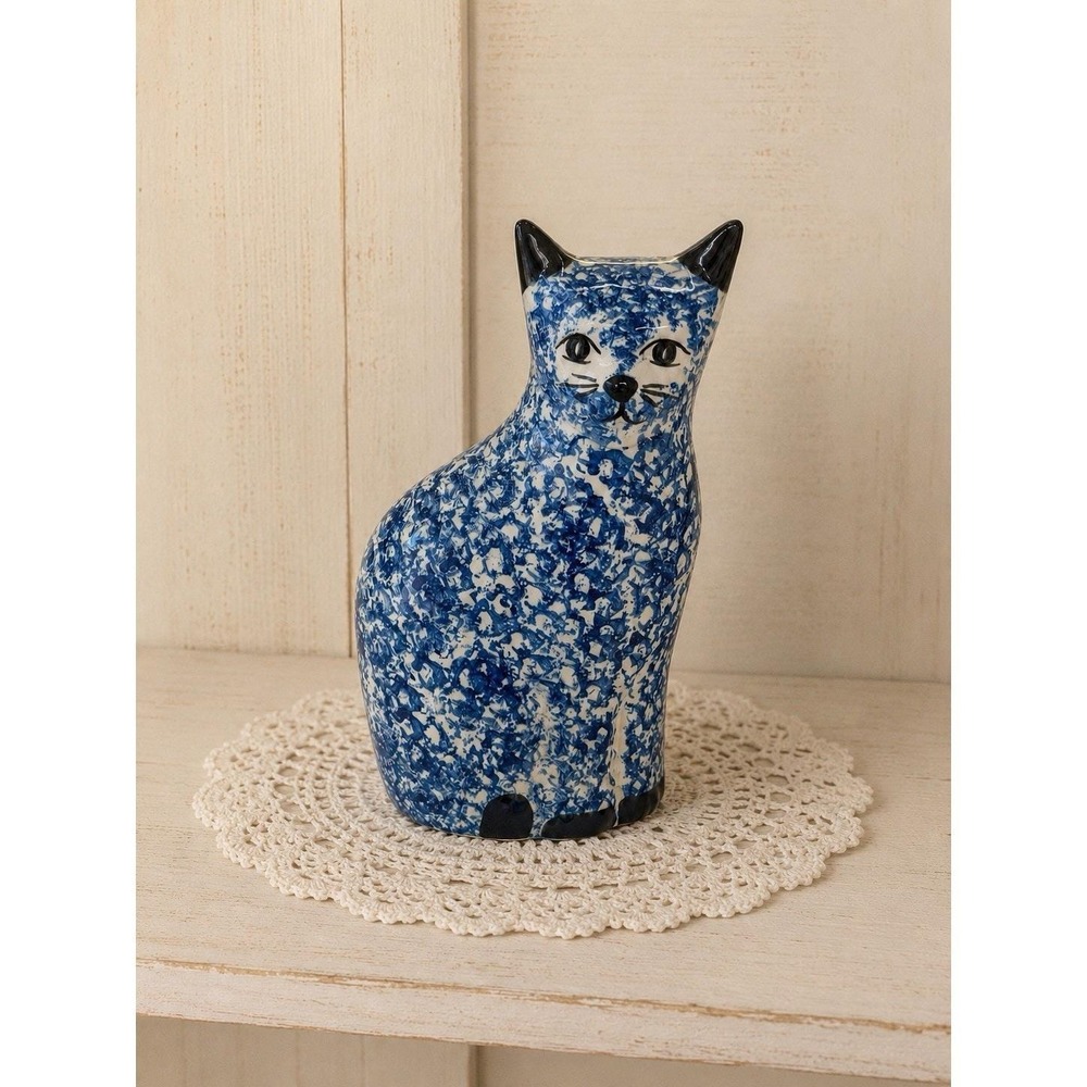 VTG Blue White Ceramic Sitting Cat Figurine Statue 8.5" Cottage Farmhouse Decor